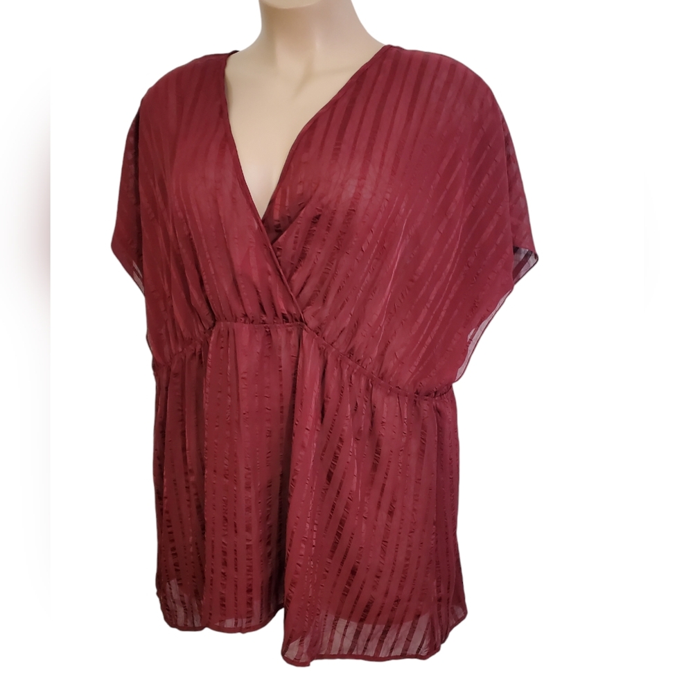 Torrid Burgundy Striped Surplice Babydoll Blouse Short Sleeve ~ New With Tags - Picture 3 of 12